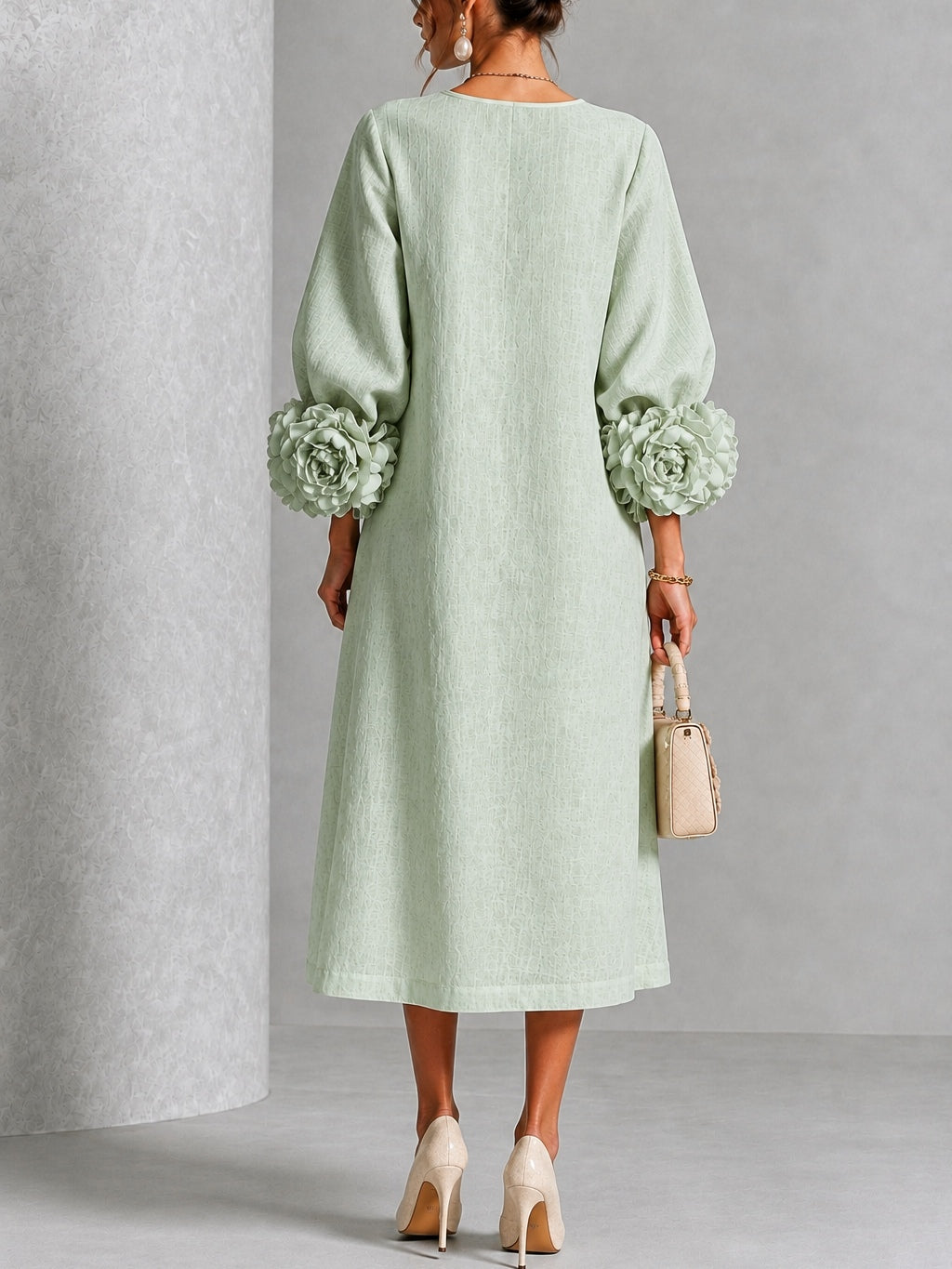 Vestido midi para mujer con mangas florales en relieve elegantes