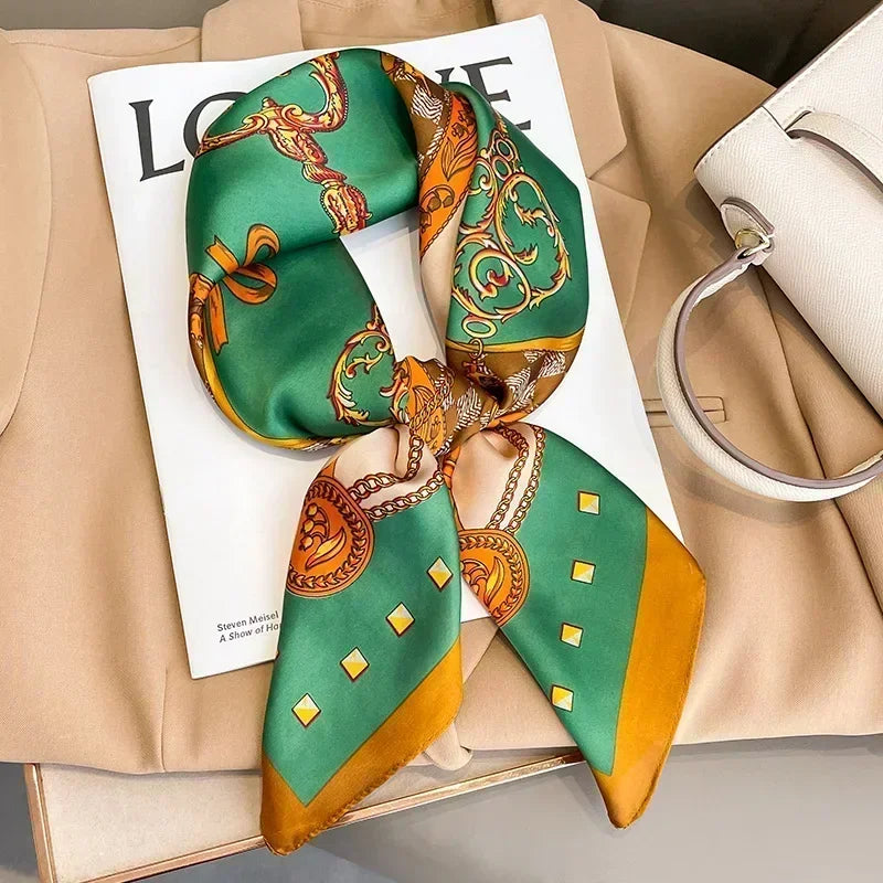 Pañuelo cuadrado mujer satinado con estampado elegante multifunción