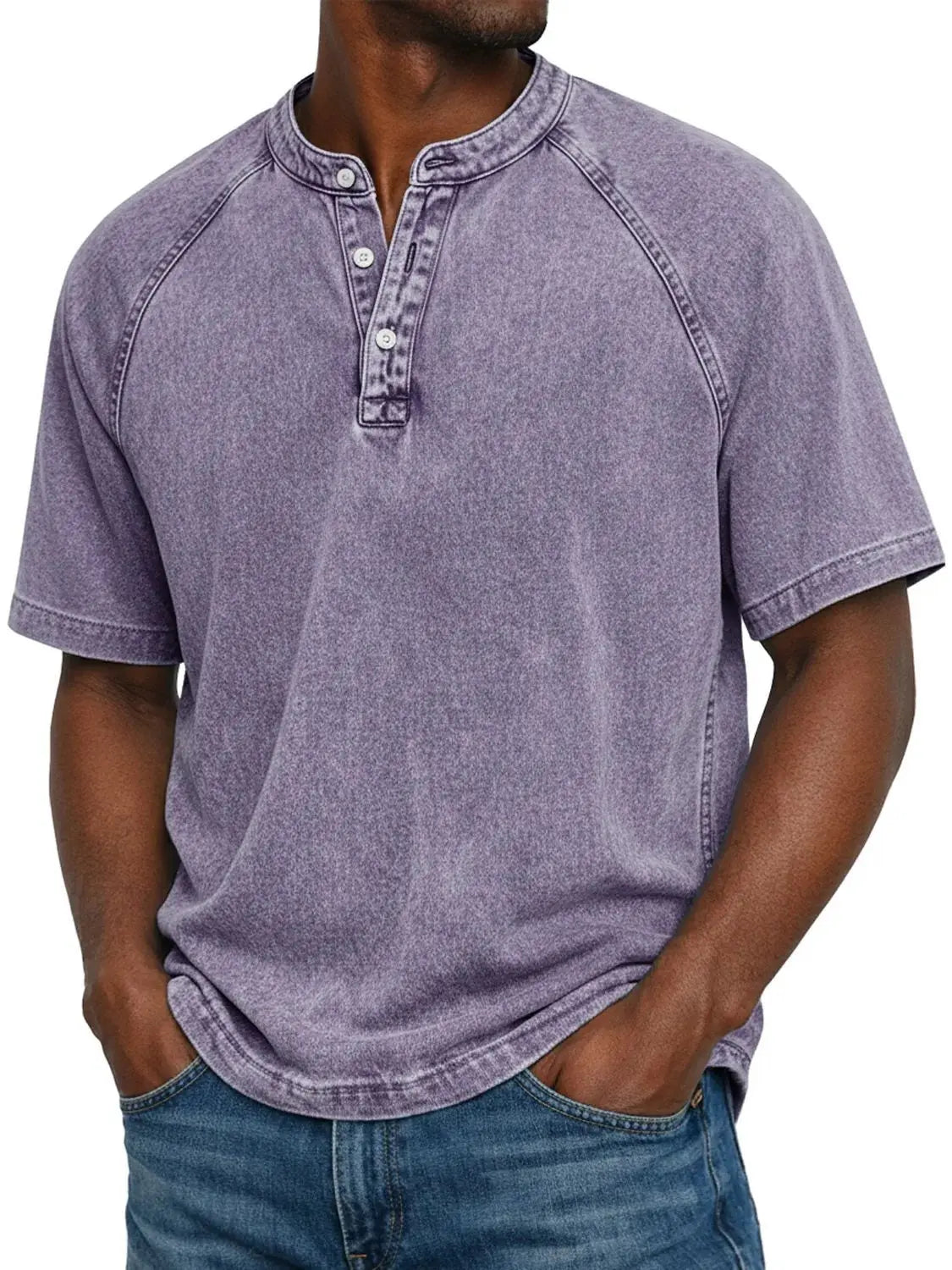 Camiseta hombre algodón cuello Henley manga corta efecto desgastado vintage casual