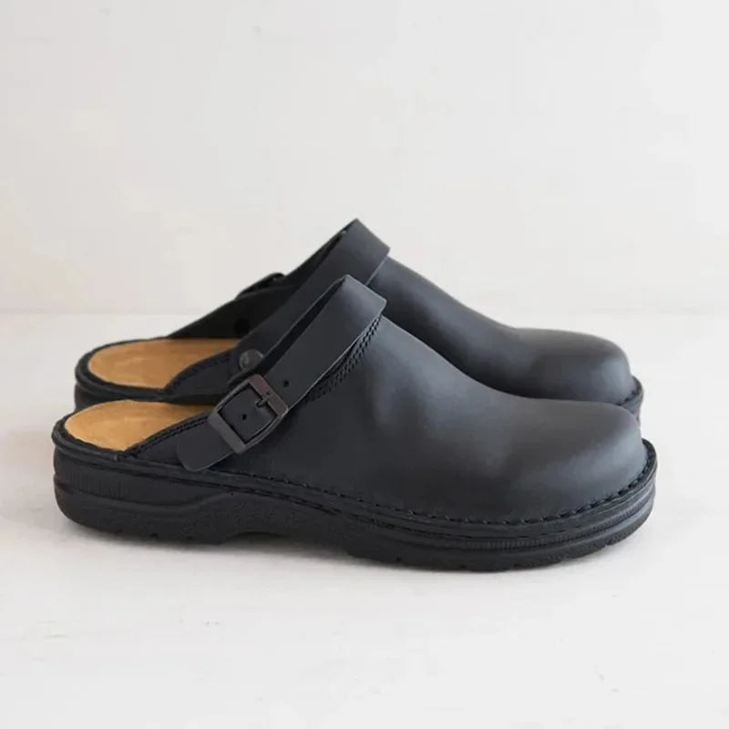Mules hombre cuero envejecido punta cerrada hebilla suela gruesa