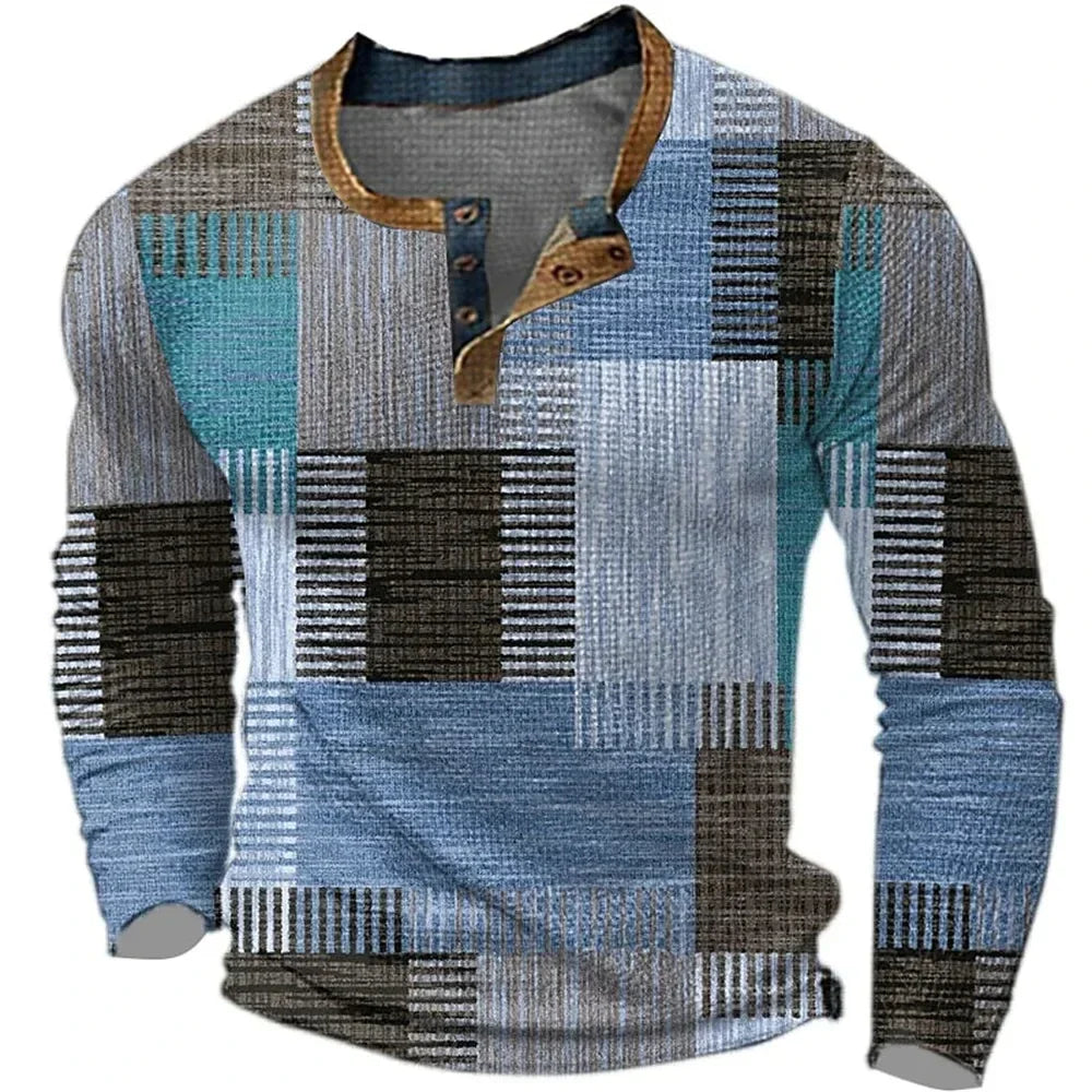 Camiseta hombre manga larga cuello Henley estampado geométrico patchwork casual