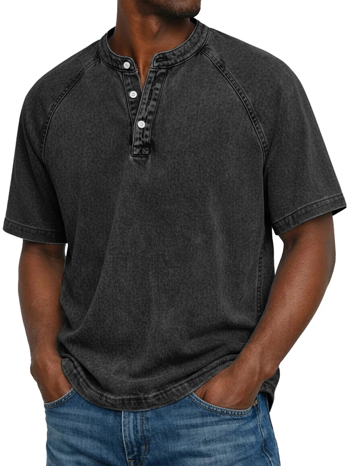 Camiseta hombre algodón cuello Henley manga corta efecto desgastado vintage casual