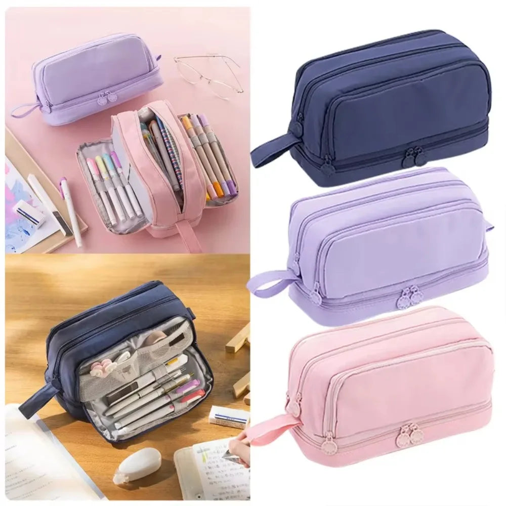Estuche escolar grande de tela con 4 compartimentos y separador transparente