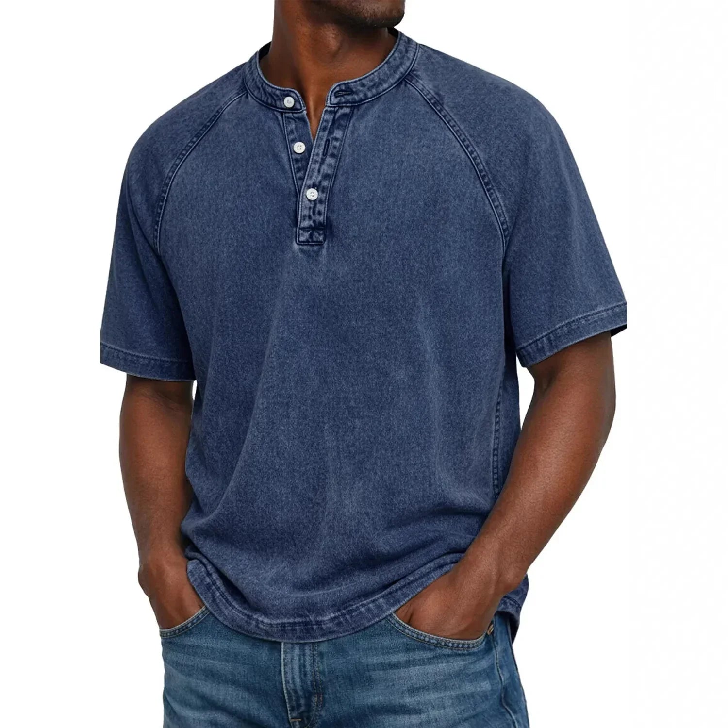 Camiseta hombre algodón cuello Henley manga corta efecto desgastado vintage casual