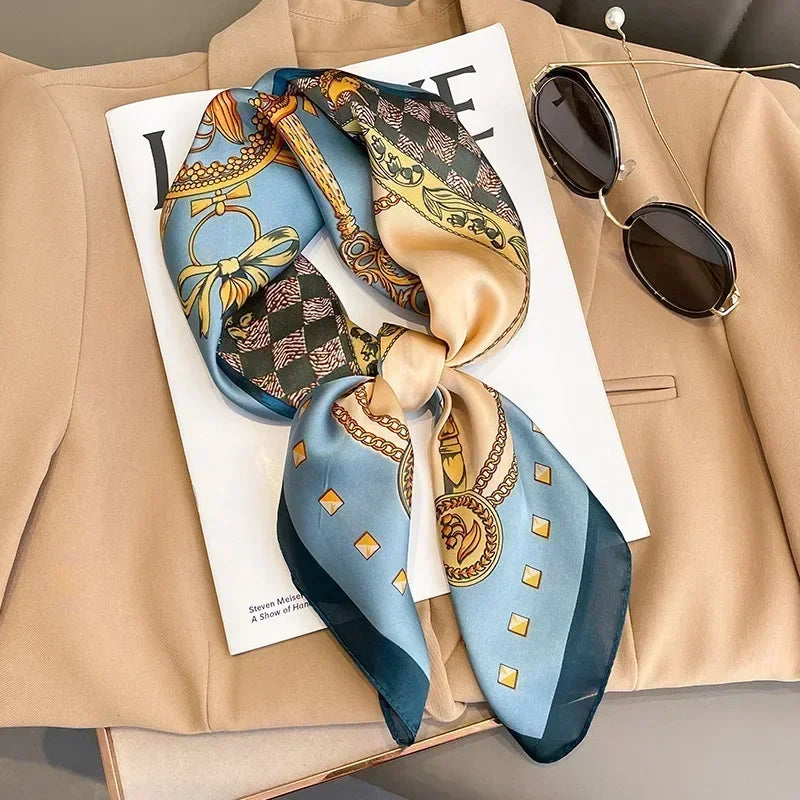 Pañuelo cuadrado mujer satinado con estampado elegante multifunción