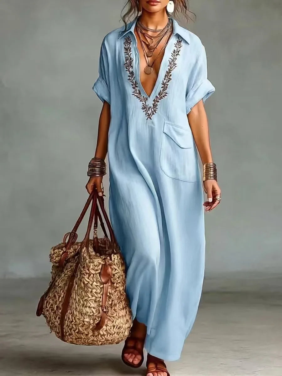 Vestido largo efecto lino bordado con bolsillos estilo boho
