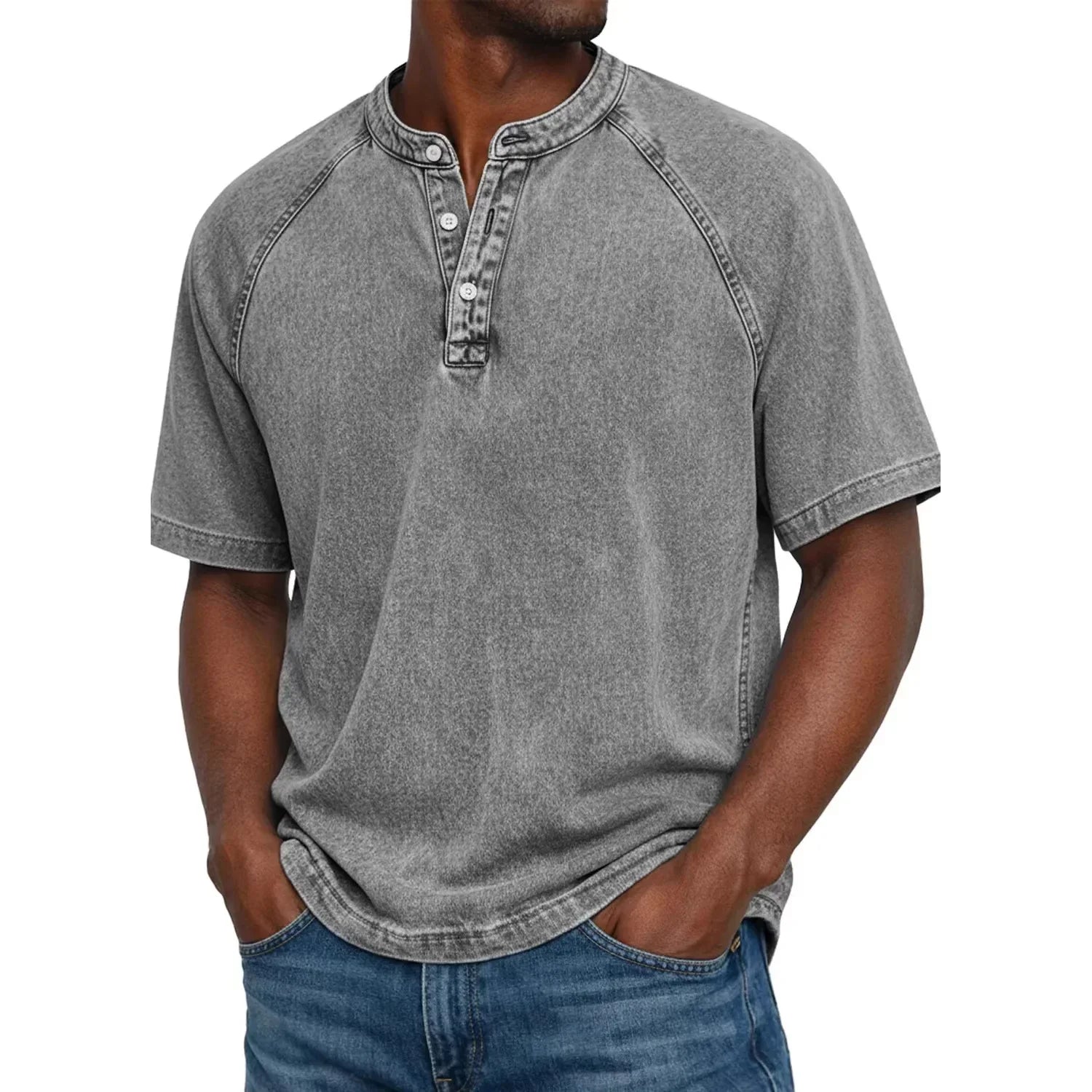 Camiseta hombre algodón cuello Henley manga corta efecto desgastado vintage casual