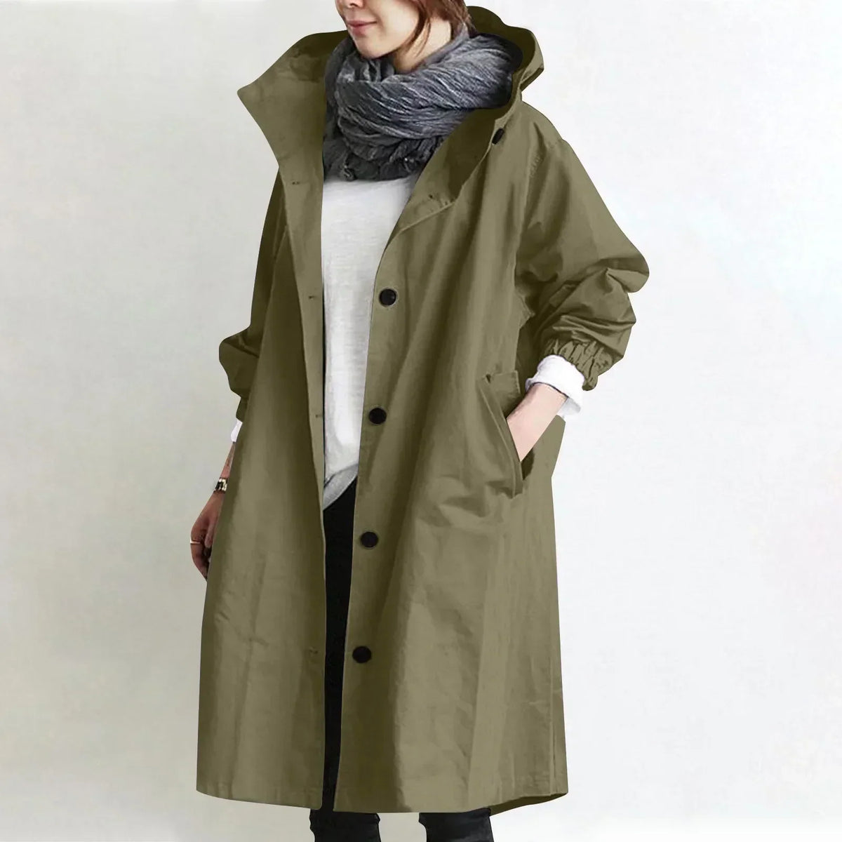 Trench largo para mujer con capucha, botones y bolsillos