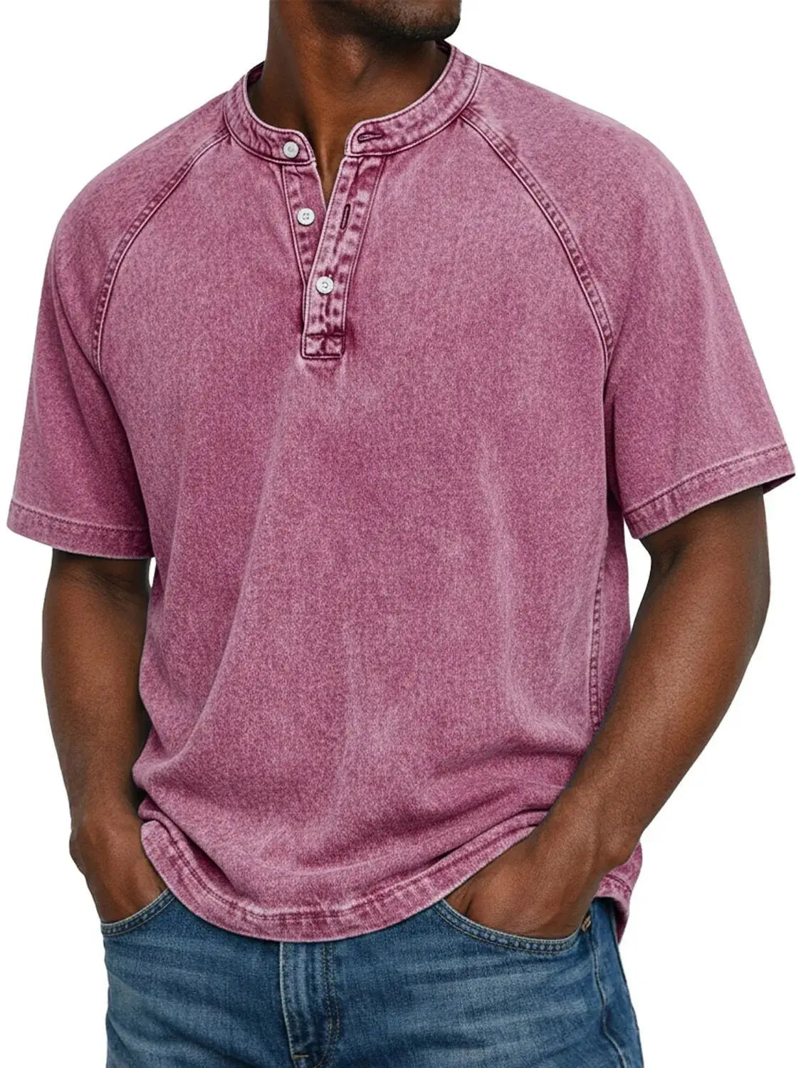 Camiseta hombre algodón cuello Henley manga corta efecto desgastado vintage casual