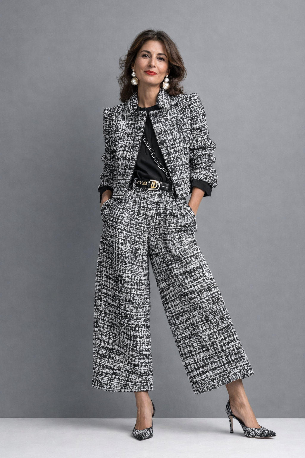 Conjunto de mujer en tweed con chaqueta corta y pantalón ancho