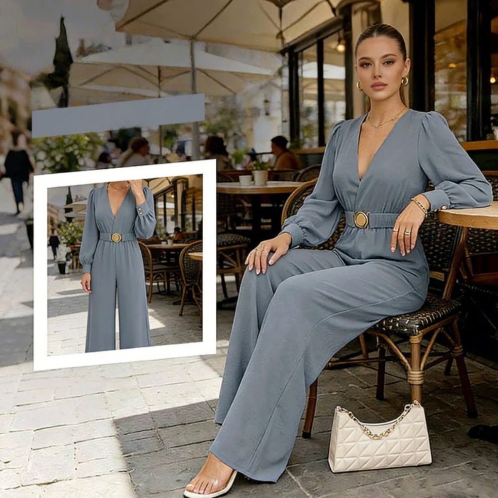 Mono Elegante Mujer Escote V Cinturón Ancho