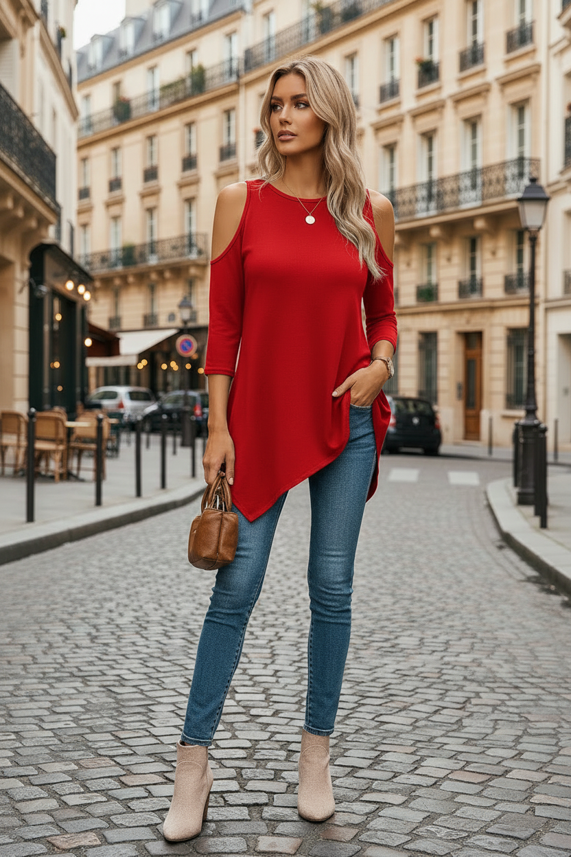 Blusa Mujer Asimétrica con Hombros Descubiertos – Estilo Moderno y Fluido