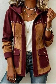 Chaqueta bicolor para mujer con capucha, cremallera y bolsillos