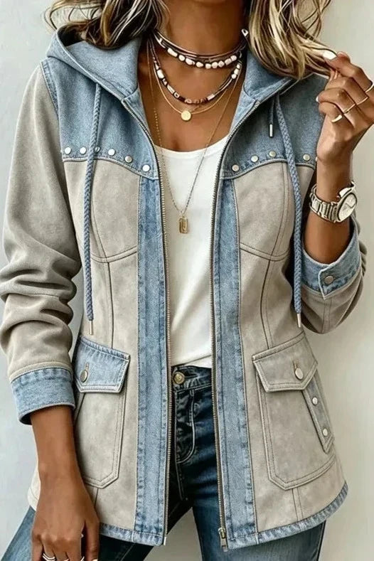 Chaqueta bicolor para mujer con capucha, cremallera y bolsillos