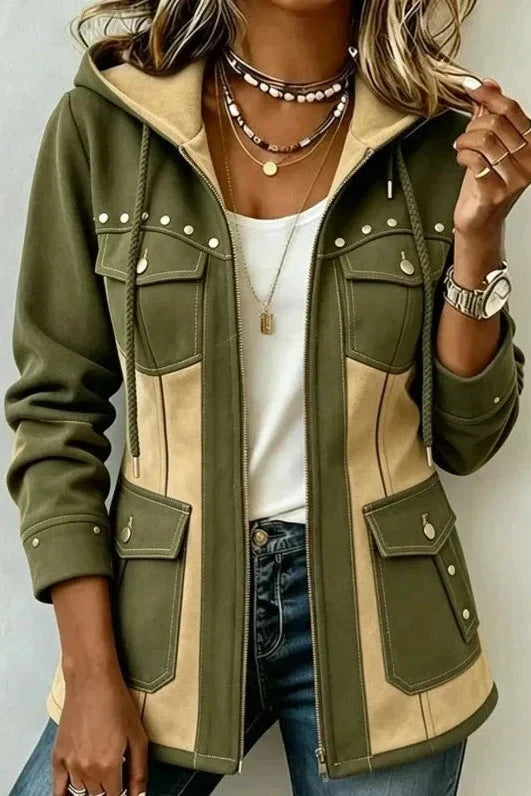 Chaqueta bicolor para mujer con capucha, cremallera y bolsillos