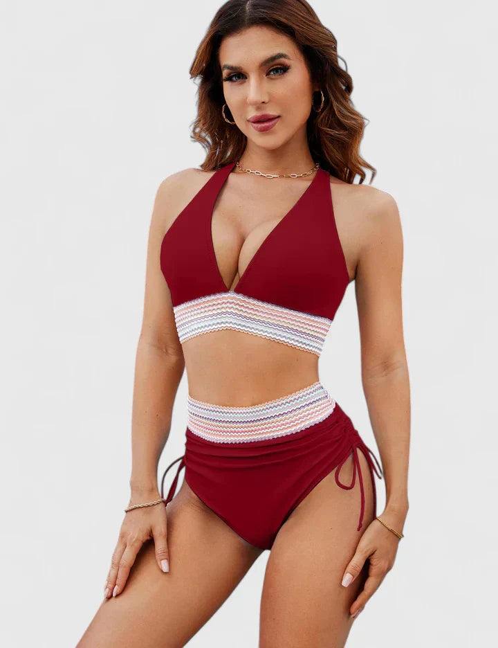Bikini mujer halter escote V cintura alta crochet cordones laterales playa