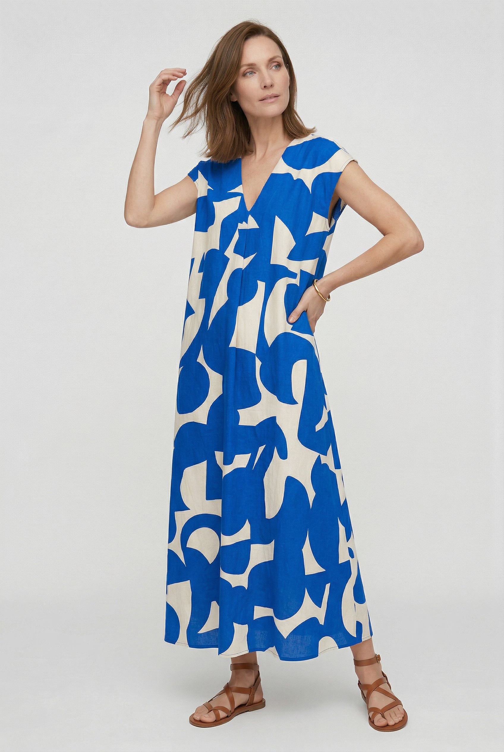 Vestido largo para mujer con estampado abstracto y escote en V