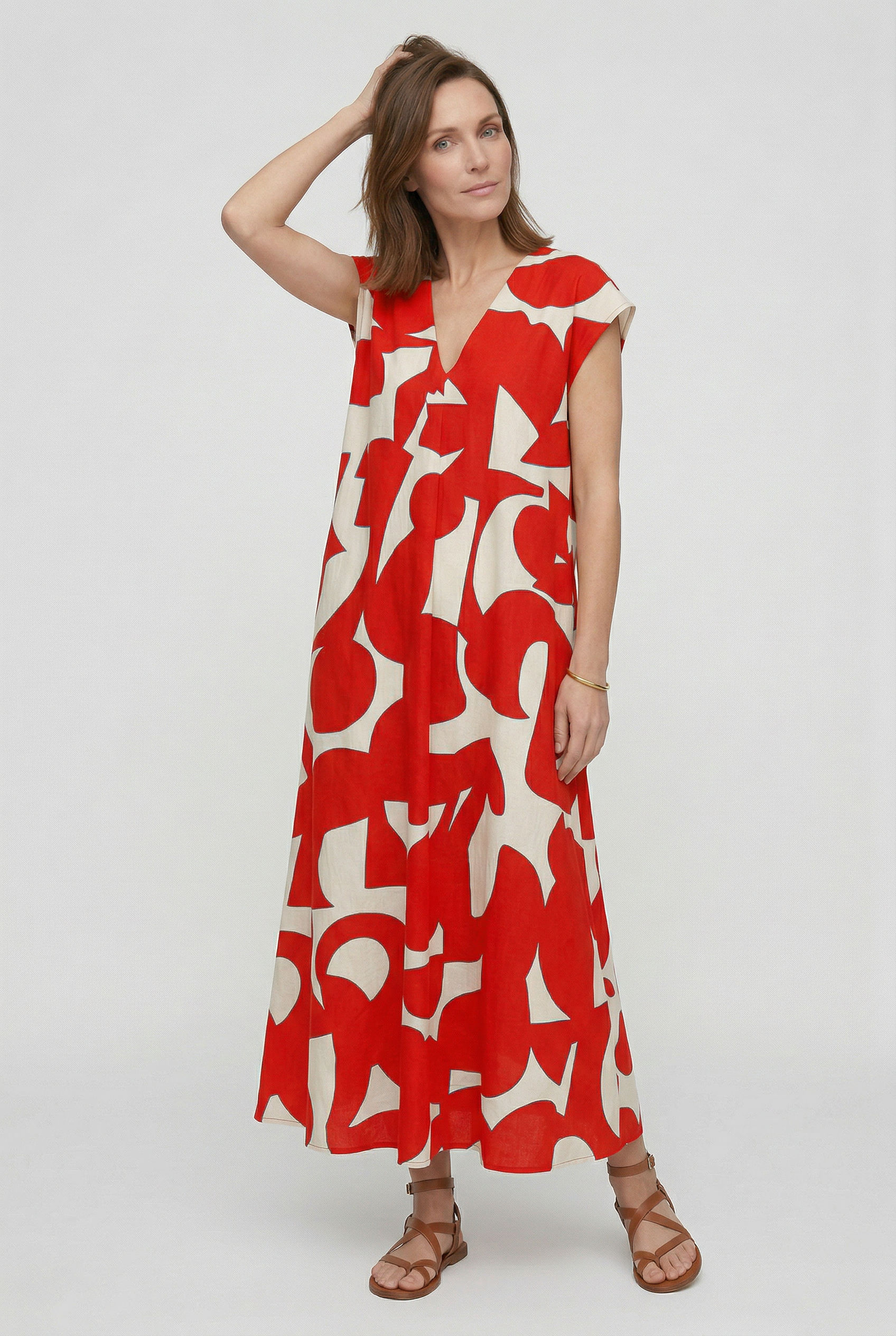 Vestido largo para mujer con estampado abstracto y escote en V