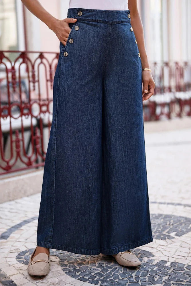 Pantalón vaquero ancho para mujer de talle alto con botones decorativos