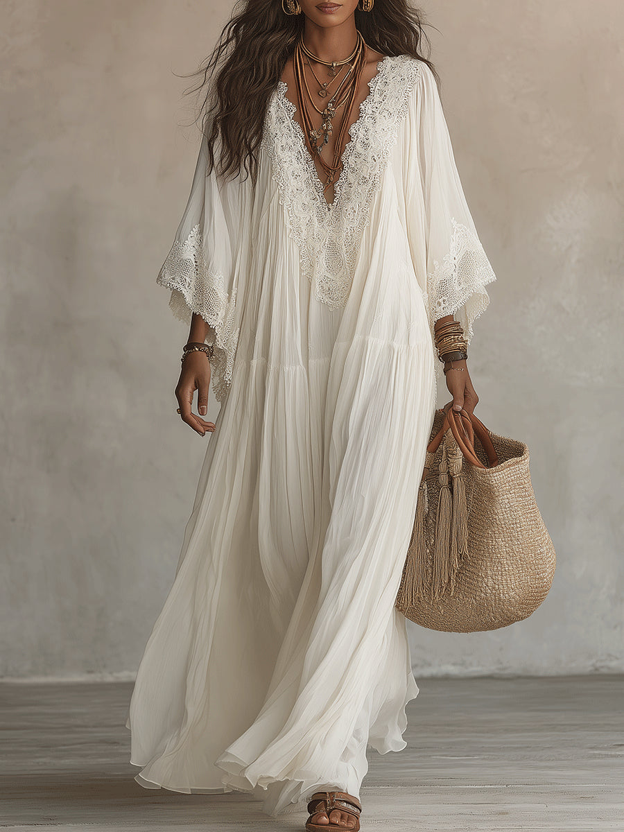 Vestido largo mujer bohemio con encaje y escote en V