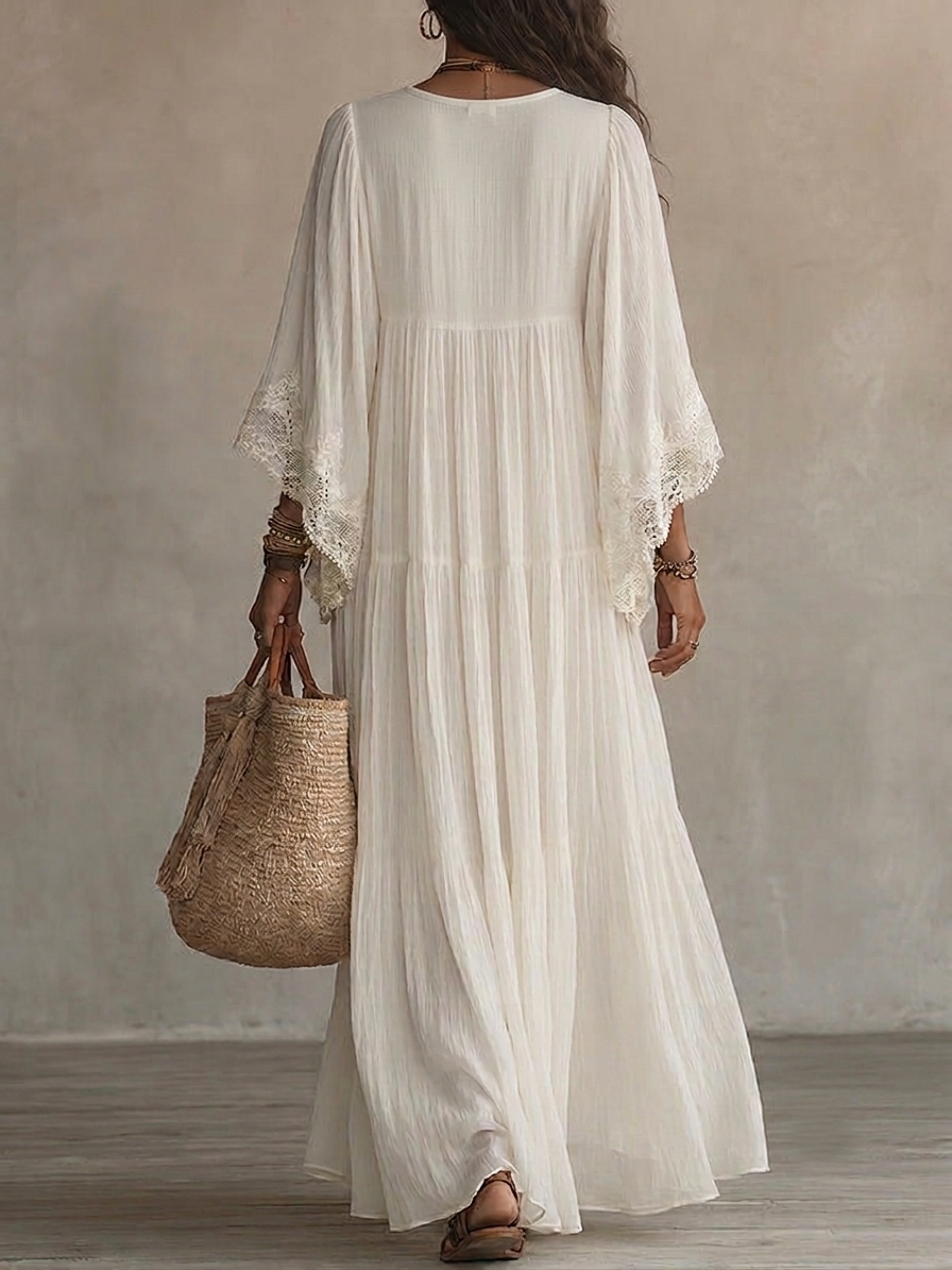 Vestido largo mujer bohemio con encaje y escote en V