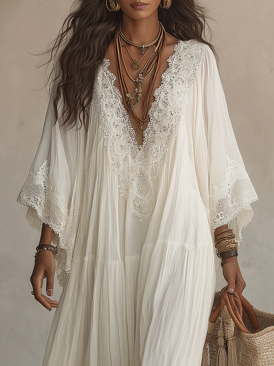 Vestido largo mujer bohemio con encaje y escote en V