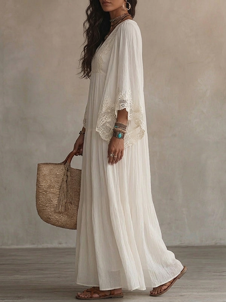 Vestido largo mujer bohemio con encaje y escote en V
