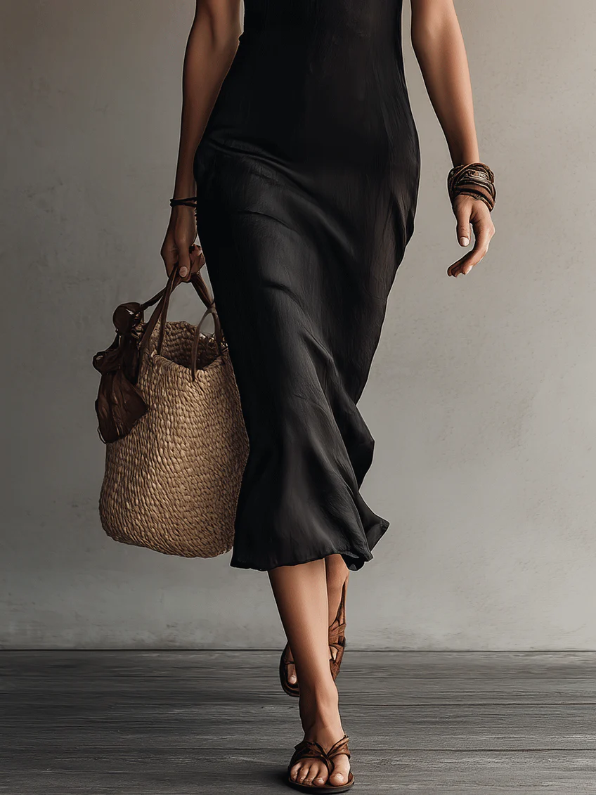 Vestido midi negro para mujer con encaje