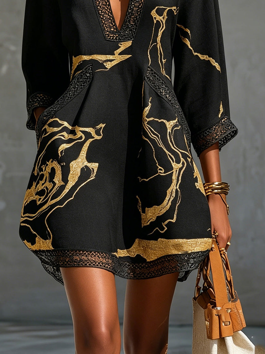 Vestido mini mujer negro con estampado dorado y encaje