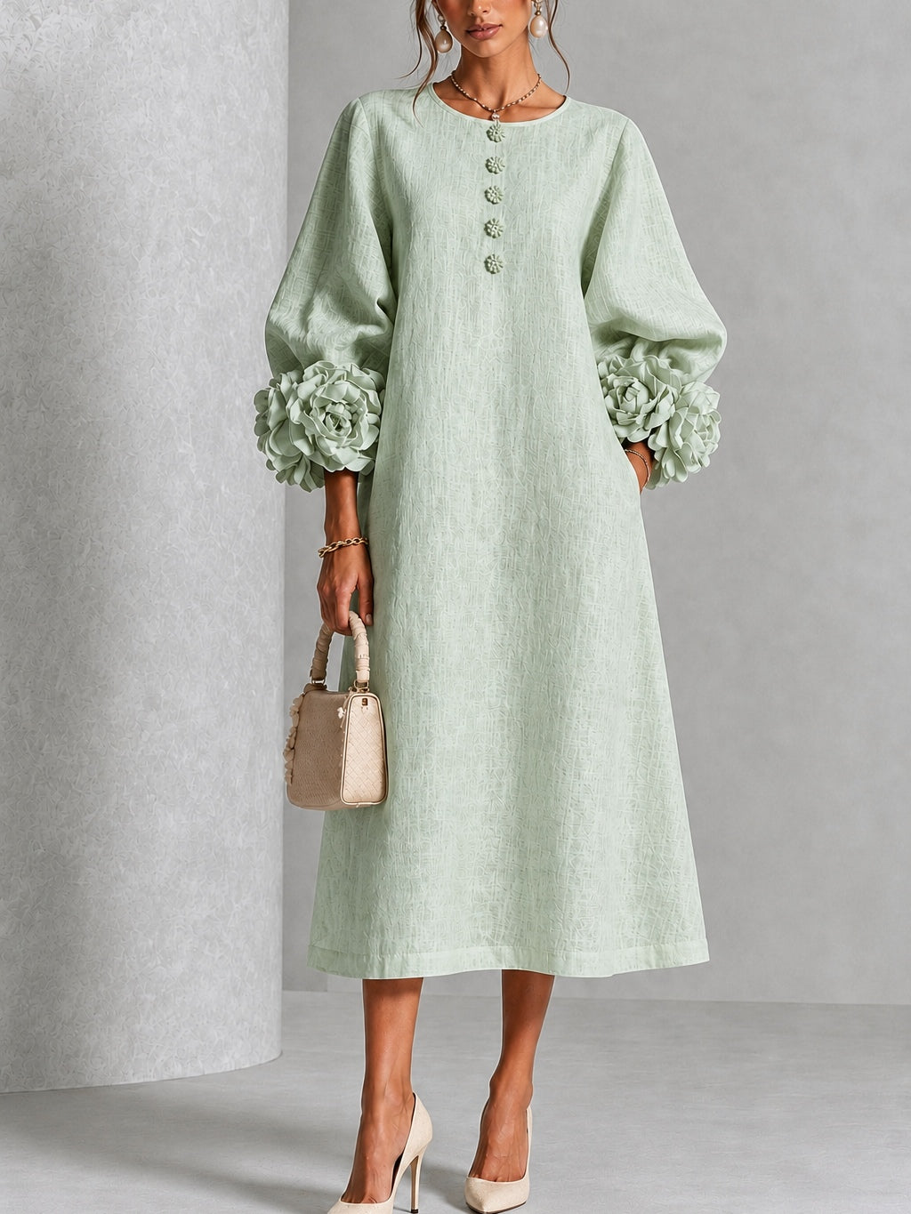 Vestido midi para mujer con mangas florales en relieve elegantes