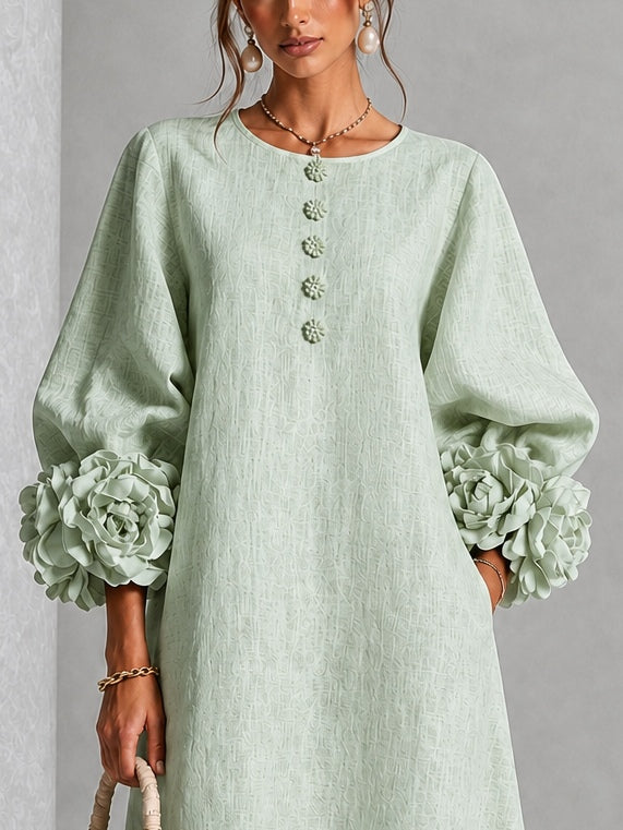 Vestido midi para mujer con mangas florales en relieve elegantes