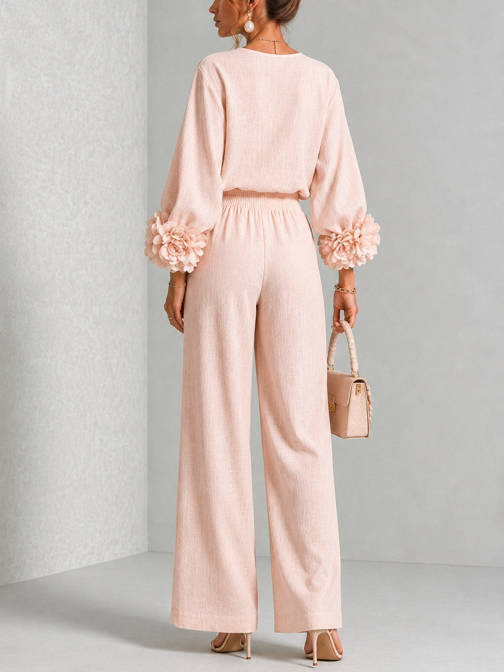 Conjunto mujer dos piezas con mangas florales y pantalón ancho