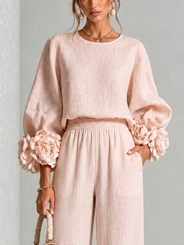 Conjunto mujer dos piezas con mangas florales y pantalón ancho