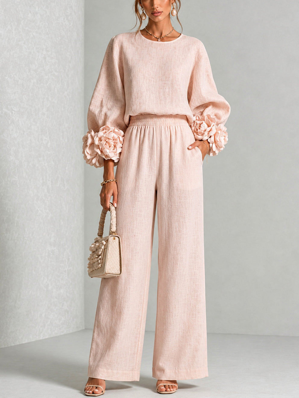 Conjunto mujer dos piezas con mangas florales y pantalón ancho