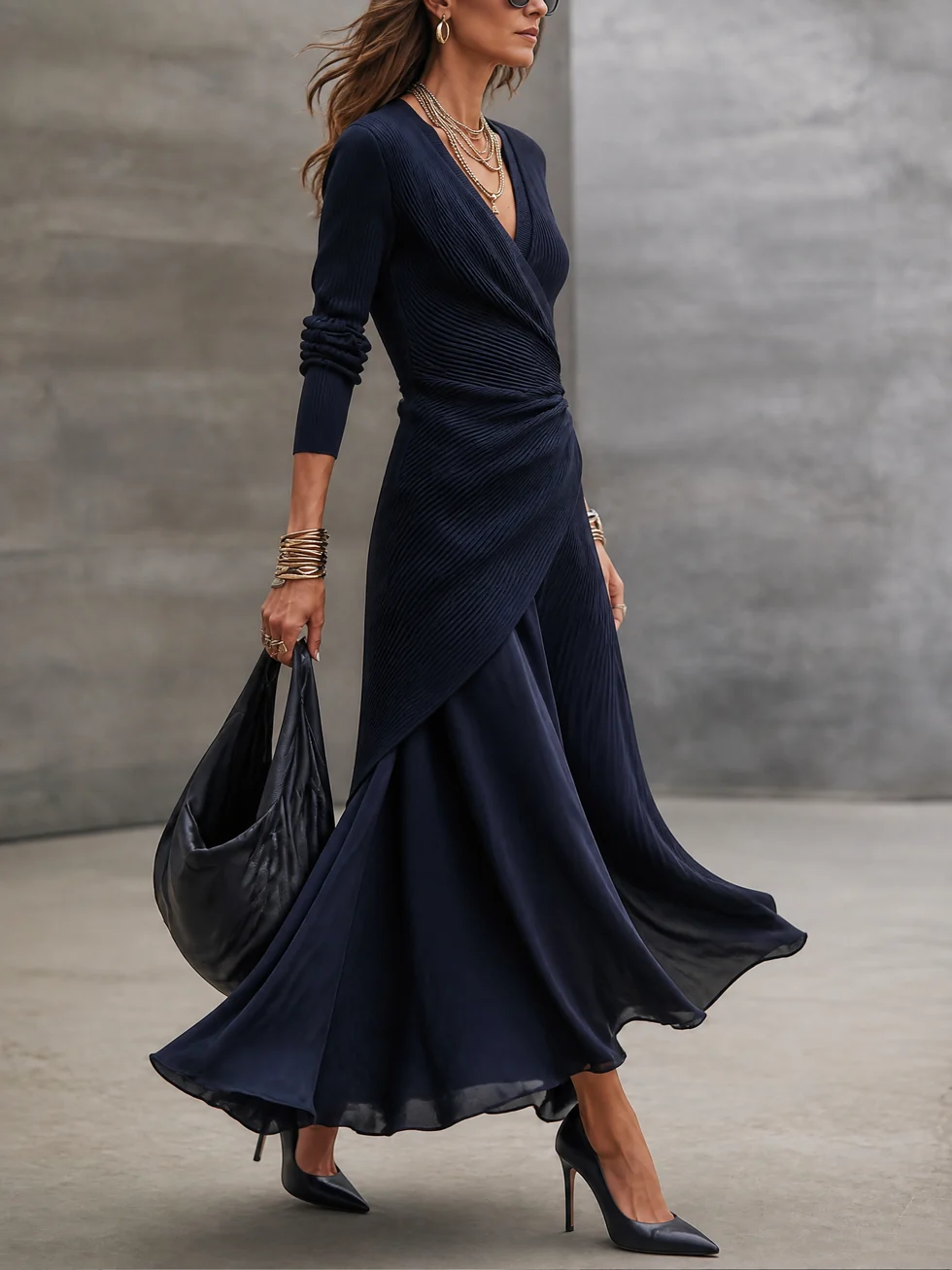 Vestido maxi envolvente para mujer con escote en V y falda fluida