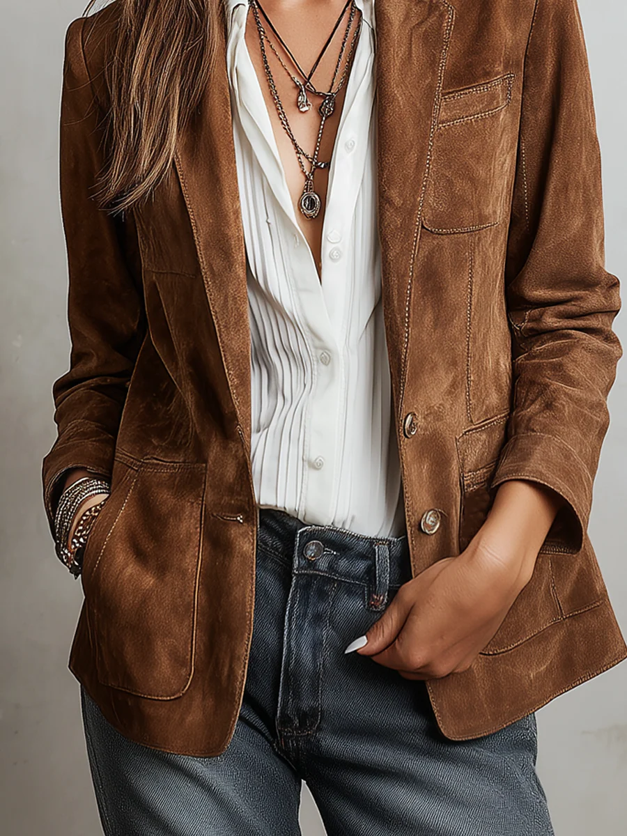 Blazer vintage para mujer con solapas y bolsillos delanteros