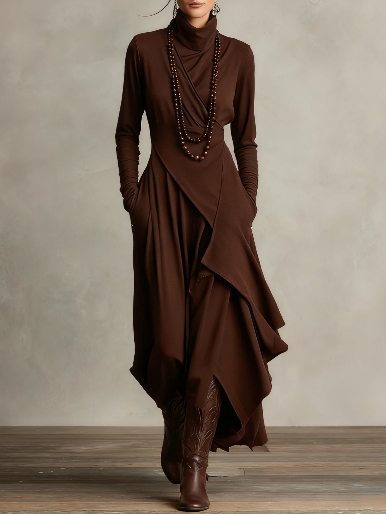 Vestido Maxi Mujer Cuello Alto Asimétrico – Estilo Boho Elegante