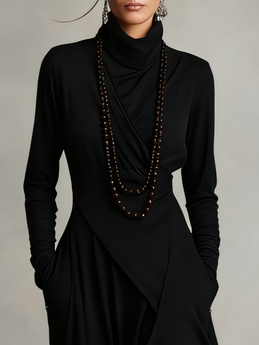 Vestido largo drapeado para mujer con cuello alto asimétrico