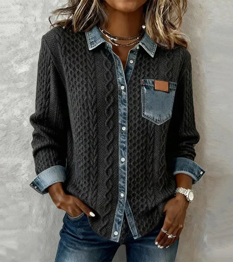 Top Mujer Tejido Con Detalles Denim – Estilo Casual Elegante y Cálido