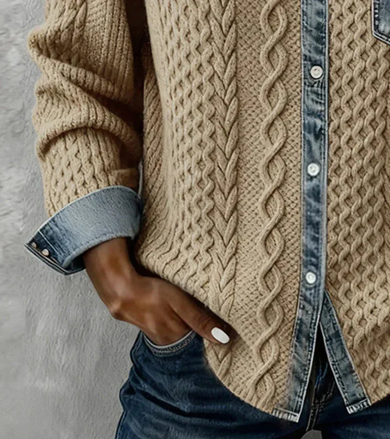 Top Mujer Tejido Con Detalles Denim – Estilo Casual Elegante y Cálido