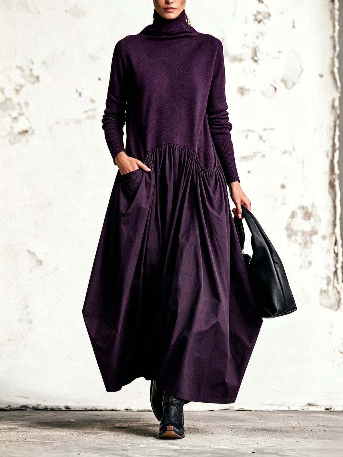 Vestido largo oversize para mujer con cuello alto y falda fruncida