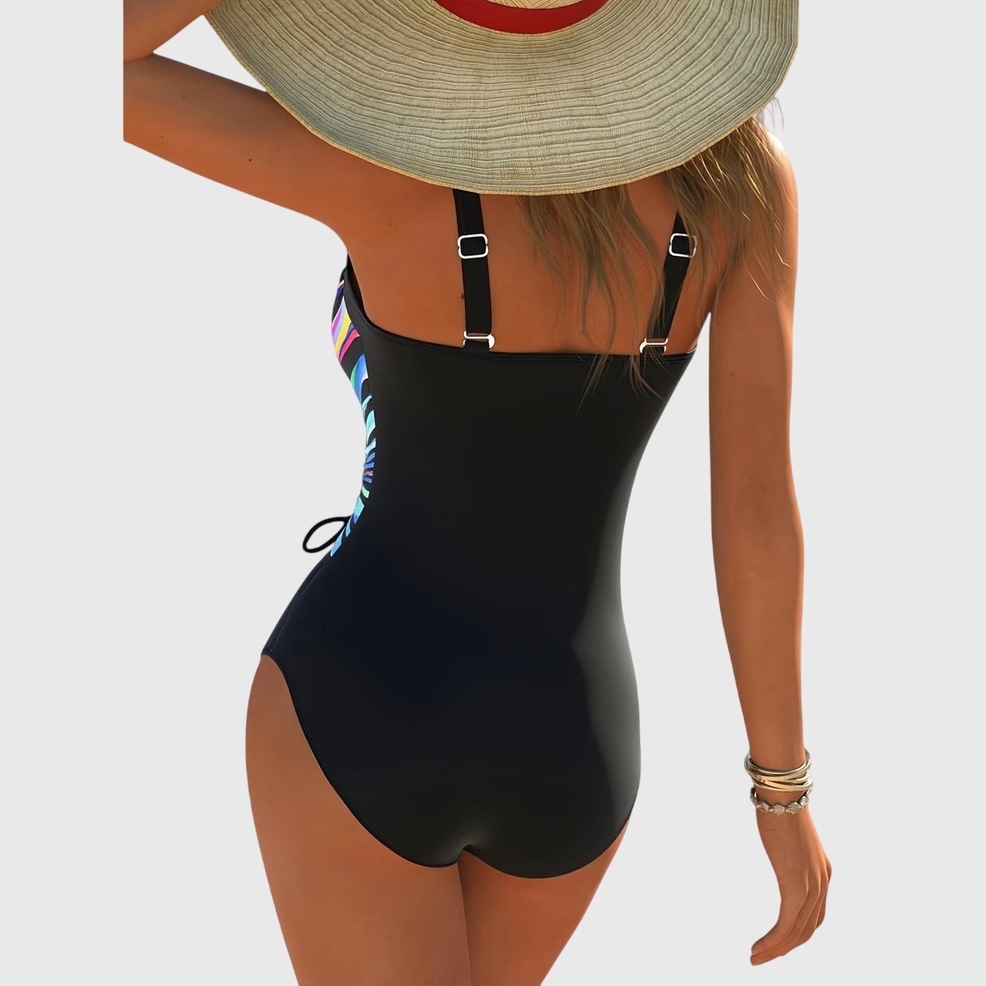 Bañador mujer una pieza estampado rayas cruzado fruncido lateral cordón playa