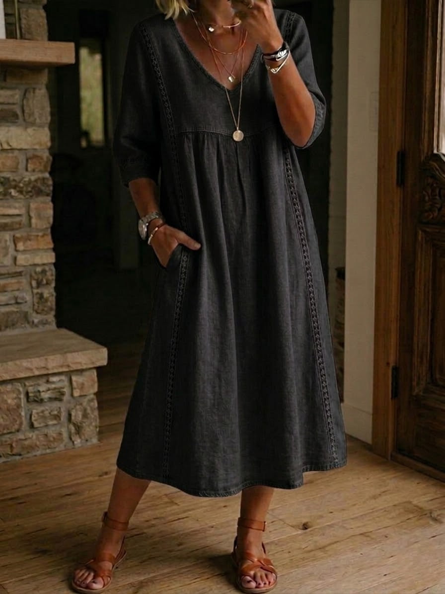 Vestido mujer patchwork algodón lino con encaje para verano