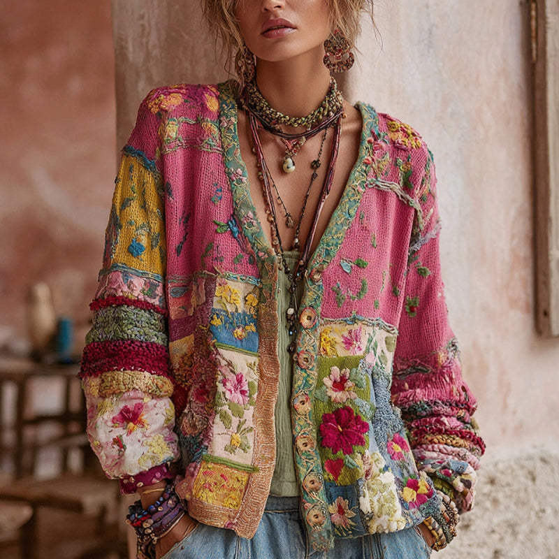 Cárdigan Mujer Patchwork Bohemio – Diseño Floral Bordado con Estilo Vintage