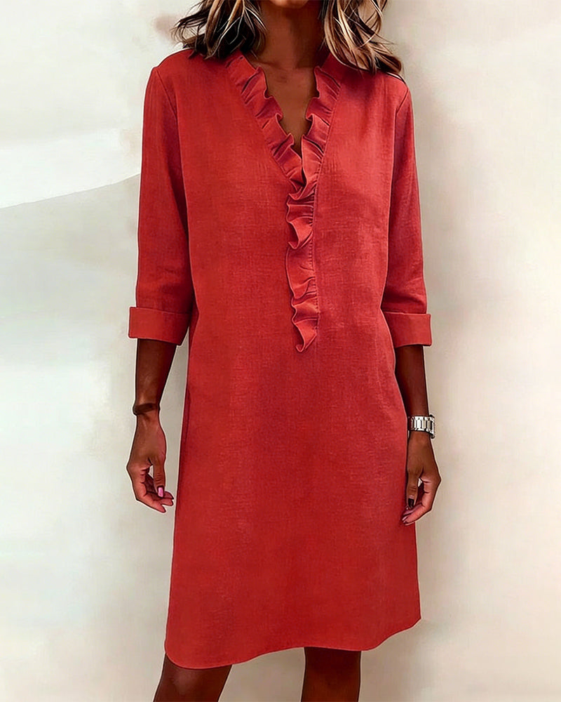 Vestido mujer lino algodón escote V volantes elegante casual
