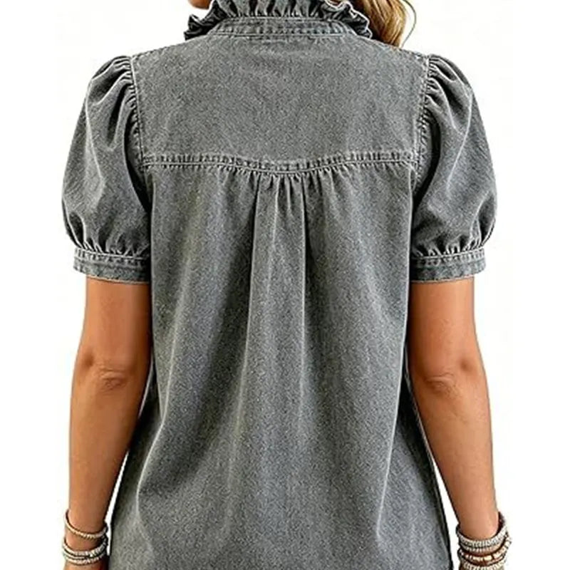 Top denim mujer con cuello volante y mangas abullonadas