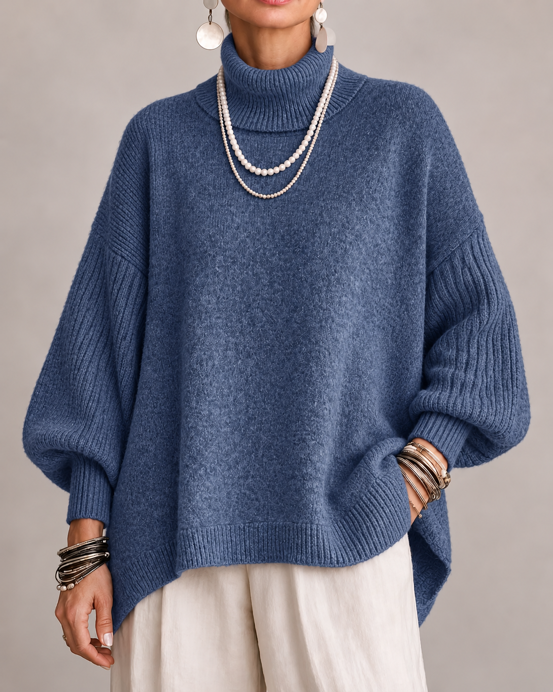 Suéter oversize para mujer con cuello alto y mangas acanaladas