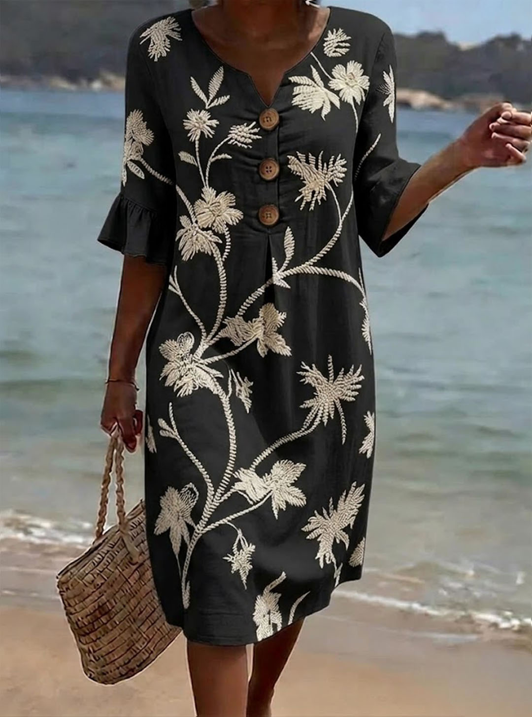 Vestido mujer algodón floral con botones y mangas 3/4