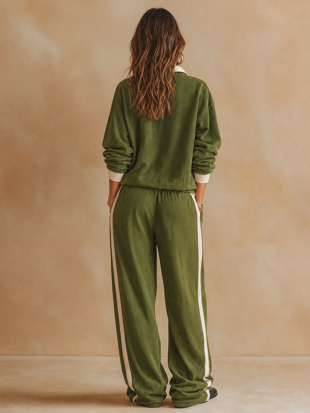Conjunto de dos piezas para mujer con blusa de cuello polo y pantalón ancho
