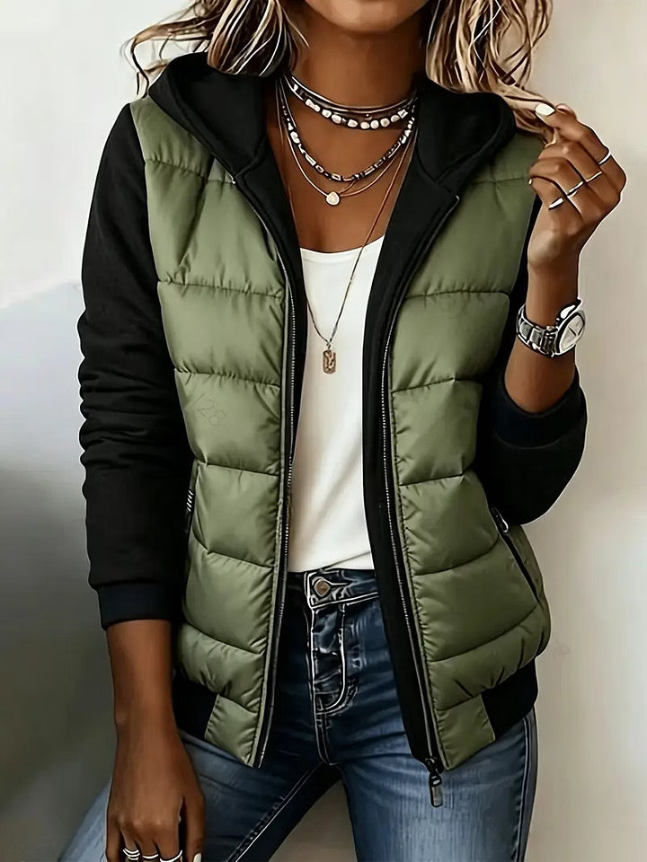 Chaqueta acolchada bicolor para mujer con capucha y cremallera
